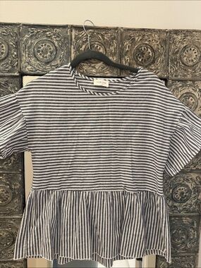 orange creek Navy and White Striped Peplum Top. Linen